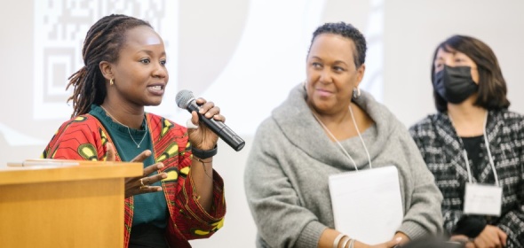 Photo of Stella Safo, Karyn Young-Lowe, and Sunita Mutha at the CIN partner meeting in March 2023 (photo credit: Sonya Yruel).