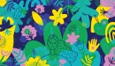 Abstract drawn image of flowers, hands, and people